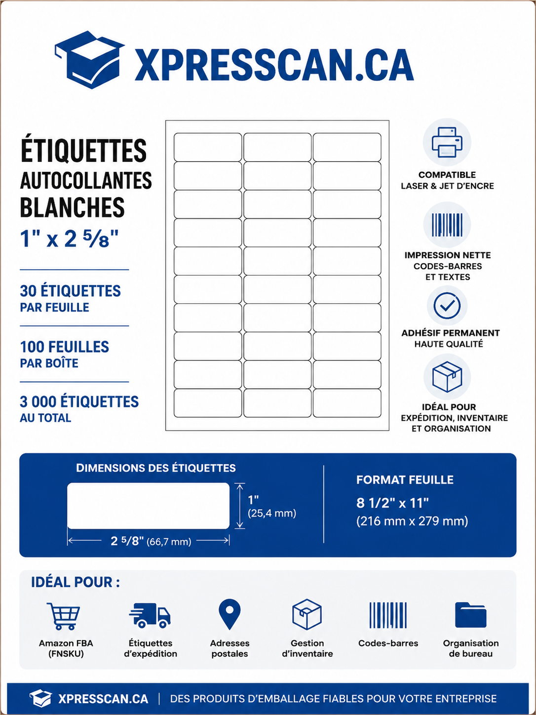 Étiquettes Amazon FBA (FNSKU) 1" x 2 5/8" – 3 000 étiquettes | Xpresscan