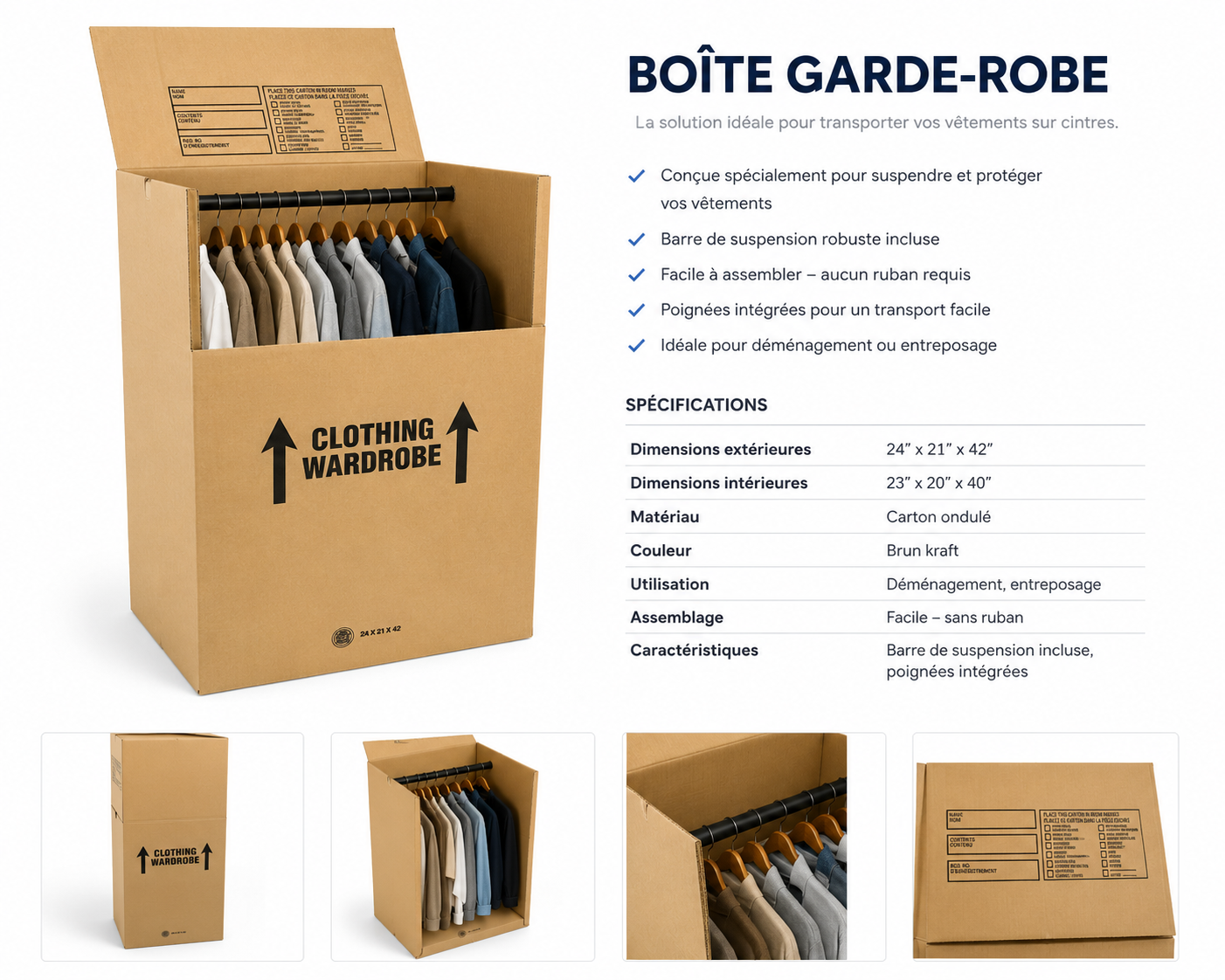 Boîte garde-robe avec barre de suspension – 24" x 21" x 42"