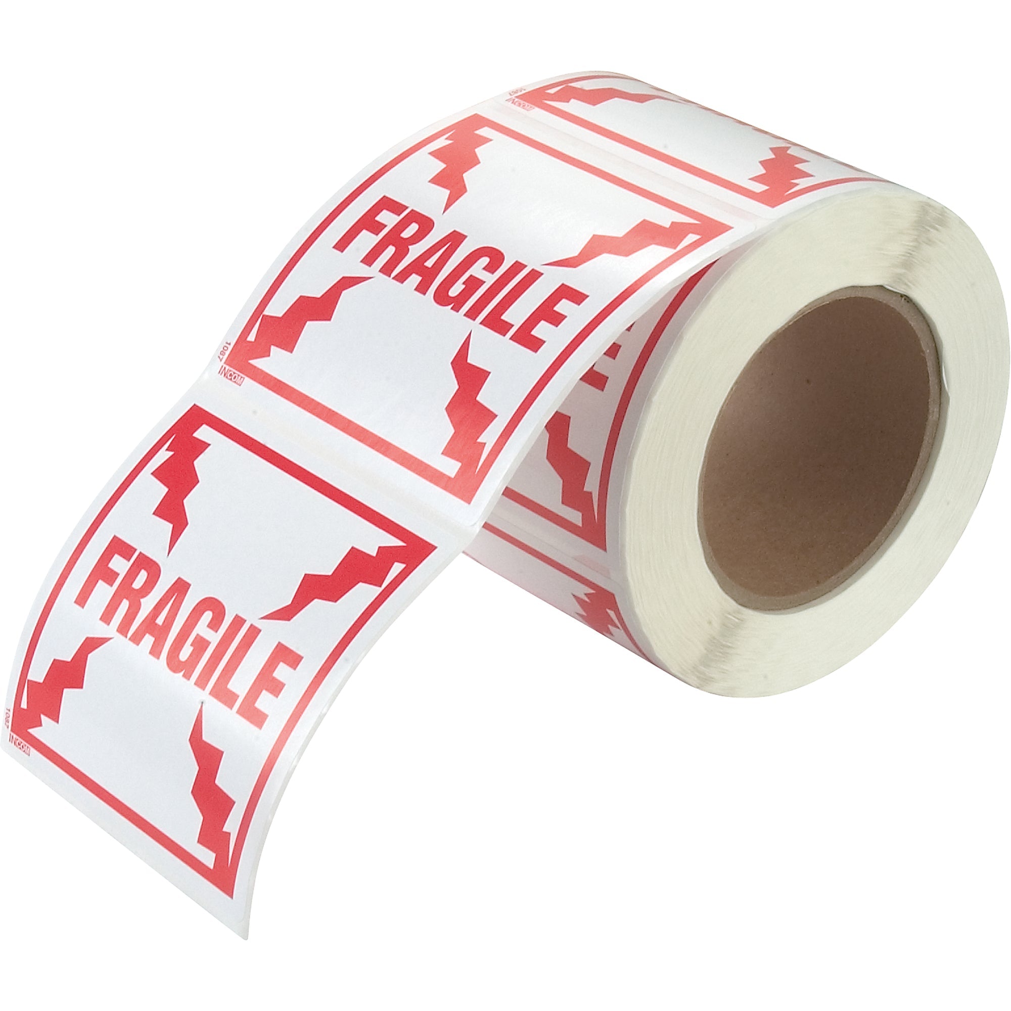 Étiquettes « FRAGILE » Incom Top Tape & Label – 4" x 4" – Rouge / Blanc ROULEAU 500