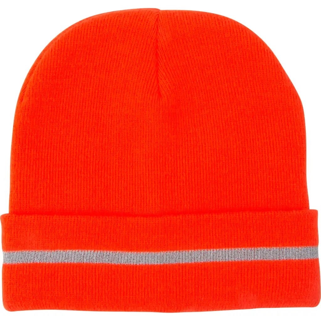 HIGH VISIBILITY KNIT TOQUE WITH REFLECTIVE STRIPE, HIGH VISIBILITY ORANGE, ACRYLIC