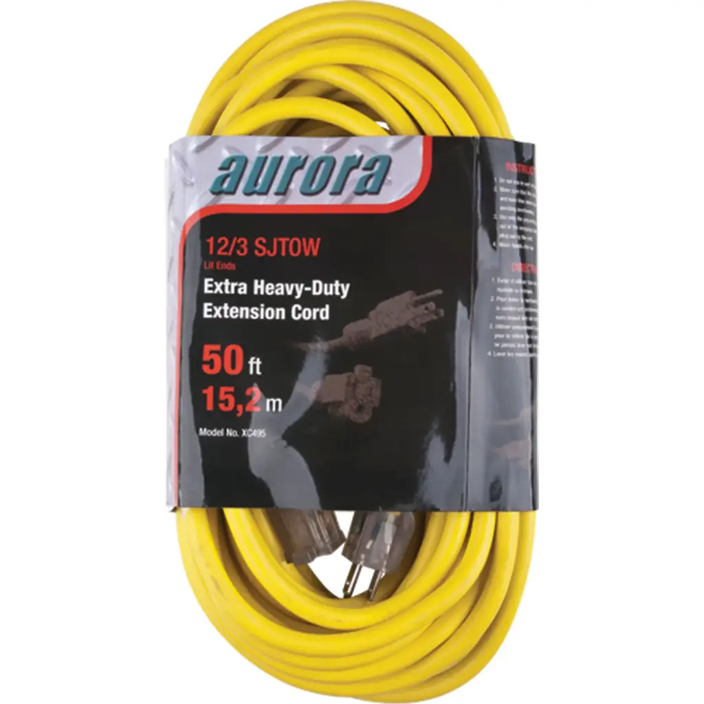 VINYL EXTENSION CORD WITH LIGHTED END, OUTDOOR, SJTOW, AWG 12/3, 15 A, 50’