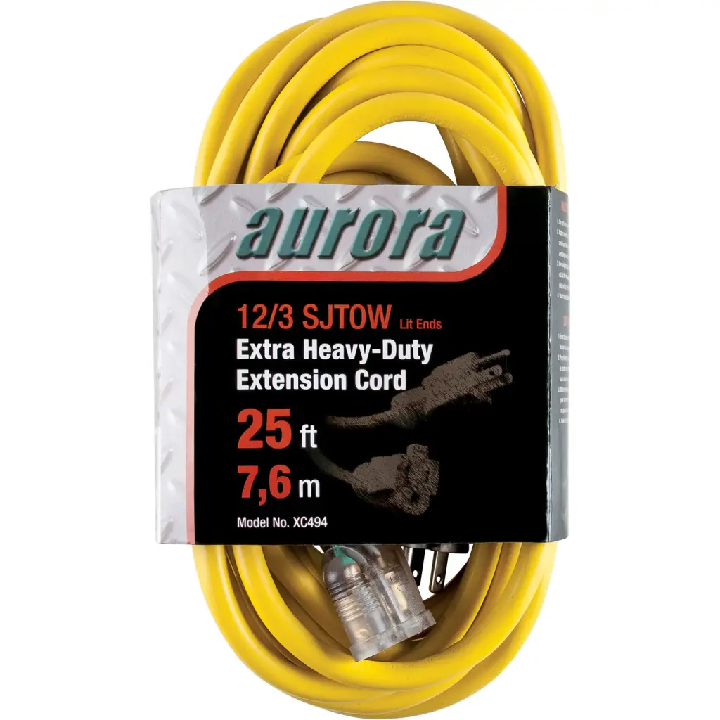 VINYL EXTENSION CORD WITH LIGHTED END, OUTDOOR, SJTOW, AWG 12/3, 15 A, 25’