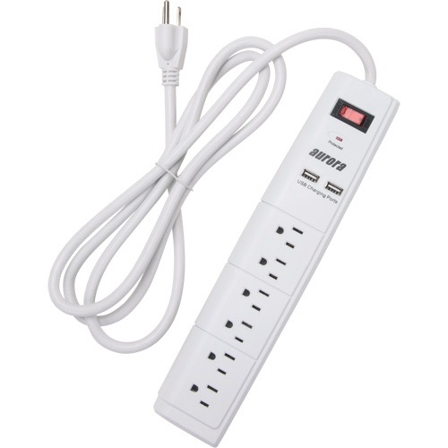 AURORA TOOLS SURGE PROTECTOR WITH USB CHARGER, 6 OUTLETS, 1200 J, 1875 W, 6’ CORD